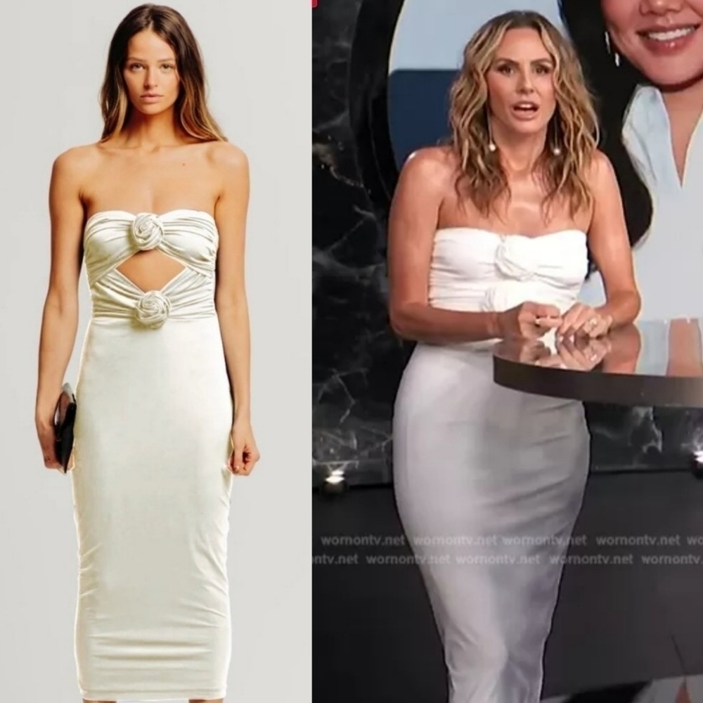 New Torn by Ronny Kobo Selena Strapless Cutout Rosette Bodycon Ivory Midi Dress